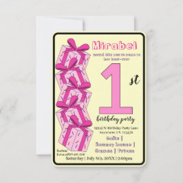 First Birthday Invitation Custom Pink Gift Theme  招待状