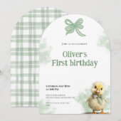 First Birthday Invitation Duck Bow Baby Birthday 招待状 (正面/裏面)