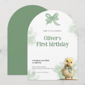 First Birthday Invitation Duck Bow Baby Birthday 招待状 (正面/裏面)