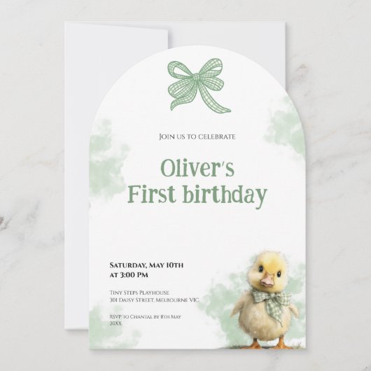 First Birthday Invitation Duck Bow Baby Birthday 招待状 (正面)