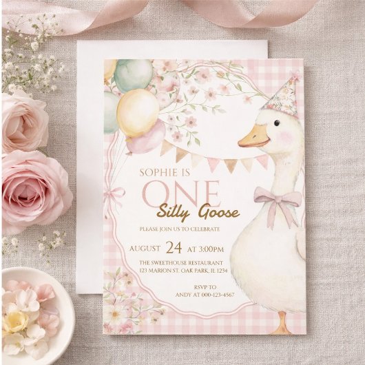 First birthday invitation with a fun goose design 招待状