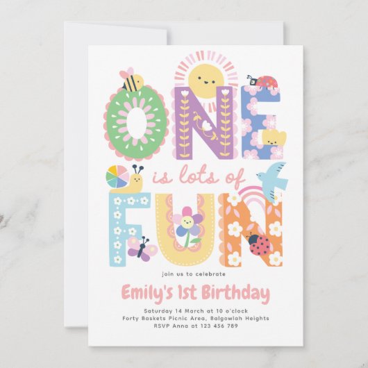 First Birthday Invite Girl, One is lots of Fun 招待状 (正面)