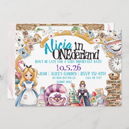 First Birthday ONEderland Wonderland Theme Invite 招待状 (正面/裏面)