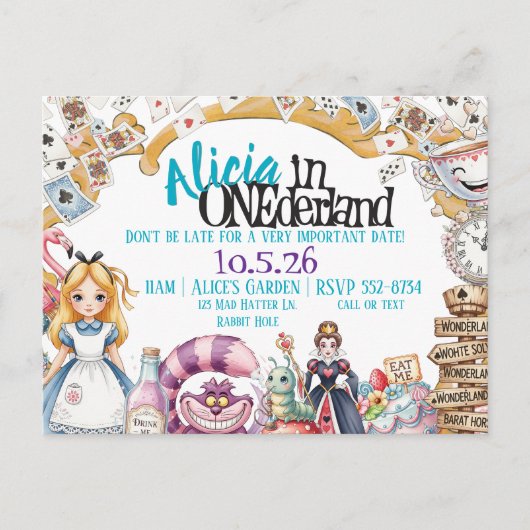 First Birthday ONEderland Wonderland Theme Invite 案内ポストカード (正面)