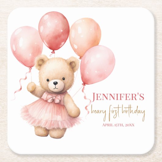 First Birthday Paper Coasters – Watercolor Teddy  スクエアペーパーコースター (正面)