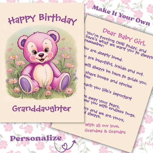 First Birthday Pink Teddy Bear for Granddaughter カード