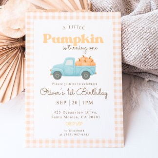 First Birthday Pumpkin Invitation - Blue Truck 招待状