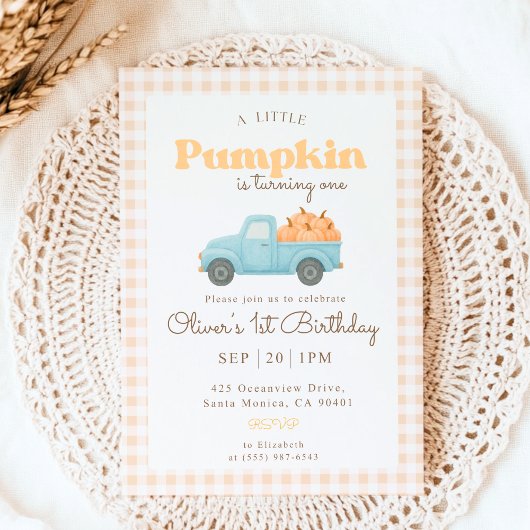 First Birthday Pumpkin Invitation - Blue Truck 招待状