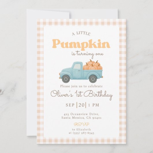 First Birthday Pumpkin Invitation - Blue Truck 招待状 (正面)