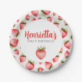 First Birthday Strawberry Watercolor Party Plates ペーパープレート (正面)