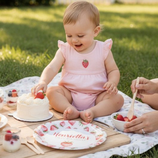 First Birthday Strawberry Watercolor Party Plates ペーパープレート