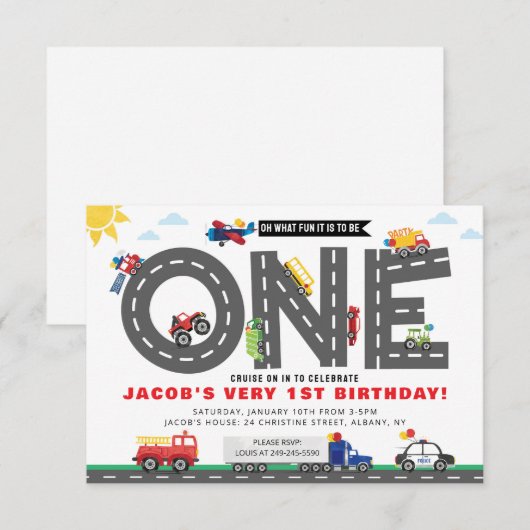 First Birthday Transportation Invitation 招待状 (正面/裏面)