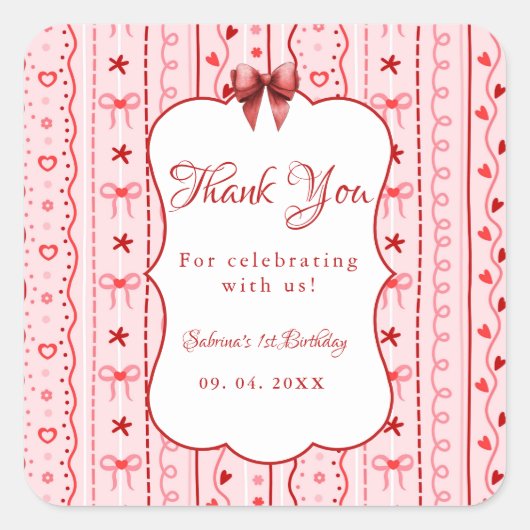 First Birthday valentine baby birthday party スクエアシール (正面)