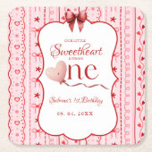 First Birthday valentine baby birthday party スクエアペーパーコースター (正面)
