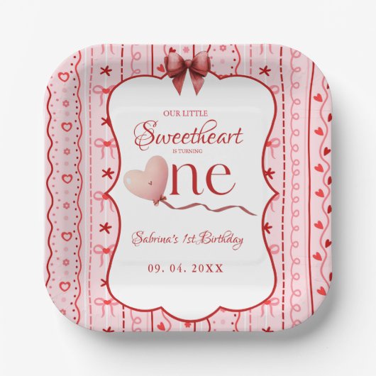 First Birthday valentine baby birthday party ペーパープレート (正面)