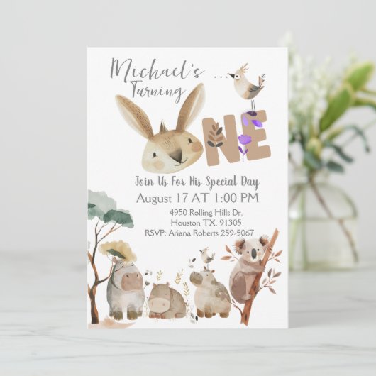 First Birthday Watercolor Safari Animals 招待状 (スタンド正面)