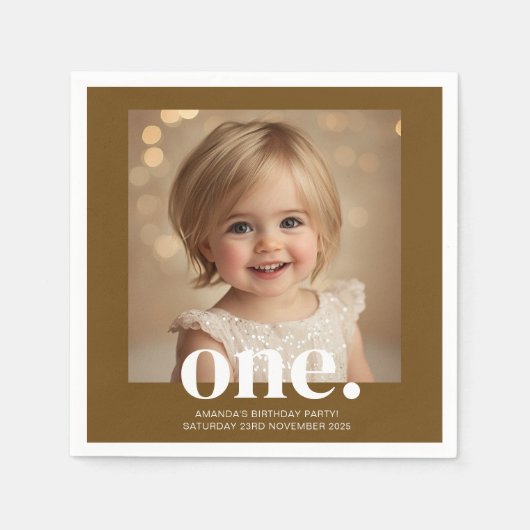 First Bithdayフォトアクリルサイン入りブラウン スタンダードカクテルナプキン (正面)