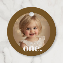 First BithdayフォトメッセージカードインBrown & White フェイバータグ