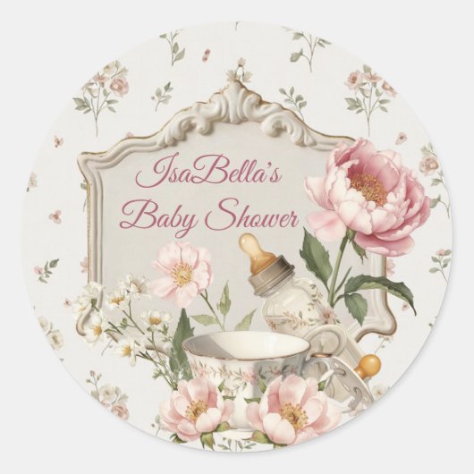 First Bloom Baby Shower Classic Round Sticker ラウンドシール (正面)