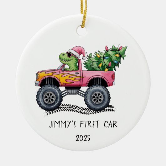 First Car Personalized Dinosaur Monster Truck セラミックオーナメント (正面)