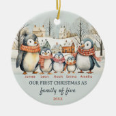 First Christmas as Family of Five penguins Custom セラミックオーナメント (正面)