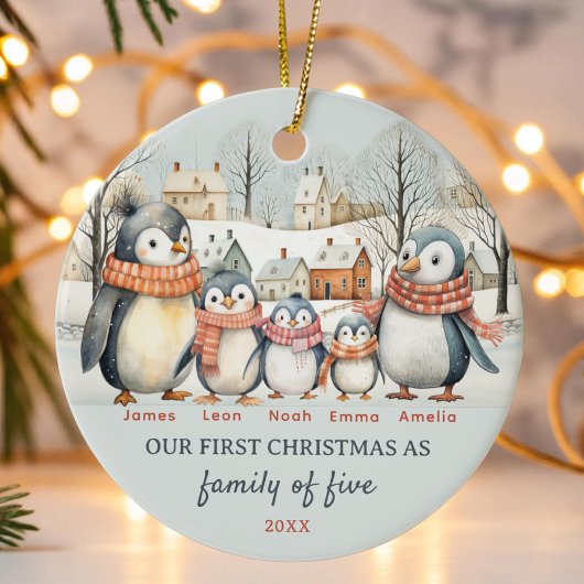First Christmas as Family of Five penguins Custom セラミックオーナメント