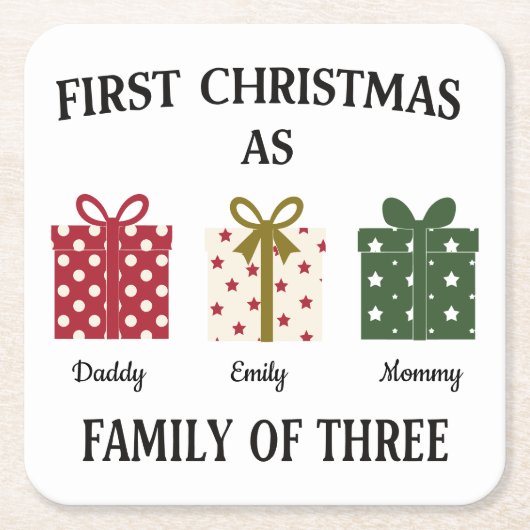 First Christmas as Family of Three Gift スクエアペーパーコースター (正面)