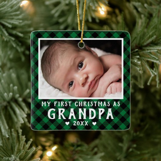 First Christmas as Grandpa Baby Photo Plaid セラミックオーナメント (ツリー)
