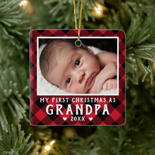 First Christmas as Grandpa Baby Photo Plaid セラミックオーナメント (ツリー)