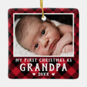 First Christmas as Grandpa Baby Photo Plaid セラミックオーナメント (正面)