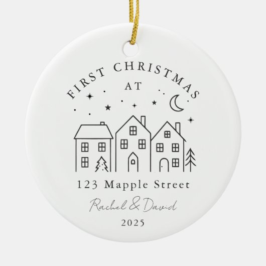 First Christmas at Our New Home – Houses Line Art セラミックオーナメント (正面)