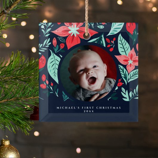 First Christmas Botanical Red Floral Blue Photo ガラスオーナメント