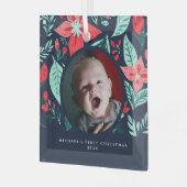 First Christmas Botanical Red Floral Blue Photo ガラスオーナメント (正面左)