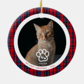 First Christmas Cat Photo Monogram Name Tartan セラミックオーナメント (裏面)