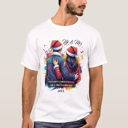 First Christmas Couple Santa Paint Splatter Tシャツ (正面)