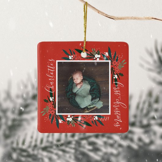  First Christmas Cranberry & Foliage Baby Photo セラミックオーナメント