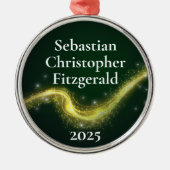 First Christmas Dark Green Newborn Birth Keepsake メタルオーナメント (正面)