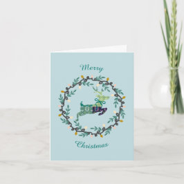 First Christmas Deer with Wreath Teal Folded Card ノートカード