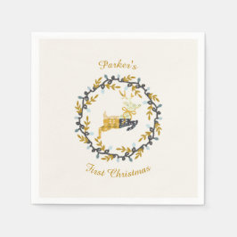 First Christmas Deer with Wreath Yellow Cream スタンダードカクテルナプキン