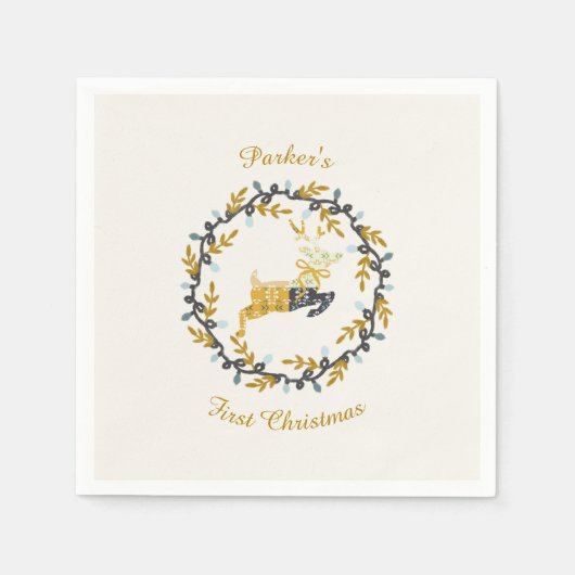 First Christmas Deer with Wreath Yellow Cream スタンダードカクテルナプキン (正面)