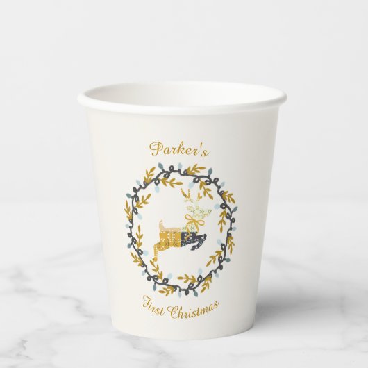 First Christmas Deer with Wreath Yellow Cream 紙コップ (正面)