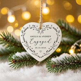 First Christmas Engaged Floral Botanical  Wreath セラミックオーナメント