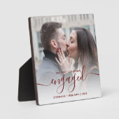 First Christmas Engaged Photo Burgundy Red Script フォトプラーク (正面)