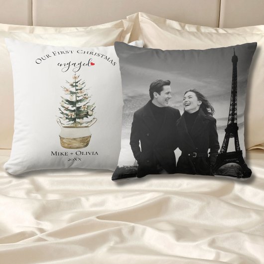 First Christmas Engaged Tree Gold Bow Photo Custom クッション