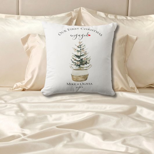 First Christmas Engaged Tree Gold Bow Photo Custom クッション