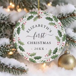 First Christmas Floral Greenery Wreath セラミックオーナメント