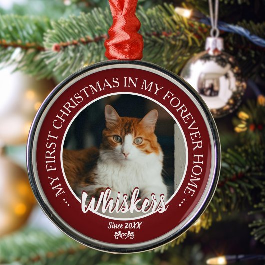 First Christmas Forever Home Cat Photo and Name メタルオーナメント