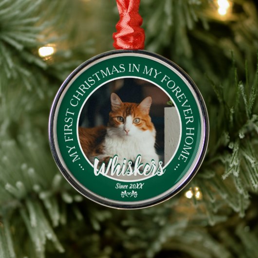 First Christmas Forever Home Cat Photo and Name メタルオーナメント (ツリー)
