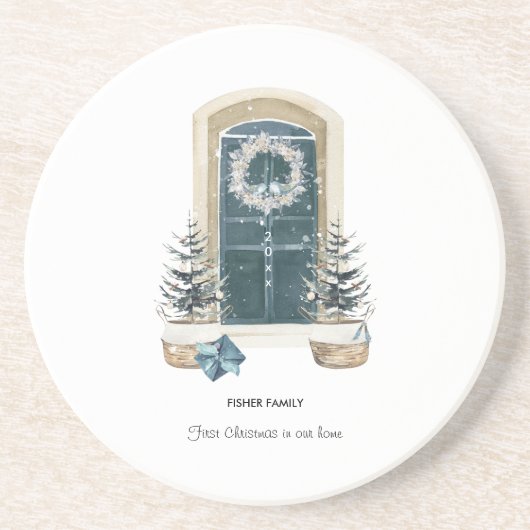 First Christmas In Our Home Watercolor Sage Green コースター (正面)