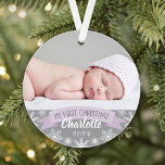 First Christmas Lavender Purple Baby Girl Photo オーナメント<br><div class="desc">"My First Christmas" banner and snowflake border photo ornament design can be personalized with the baby girl's name and birth year. Includes a second photo on the back. Light lavender purple,  gray and white colors.</div>